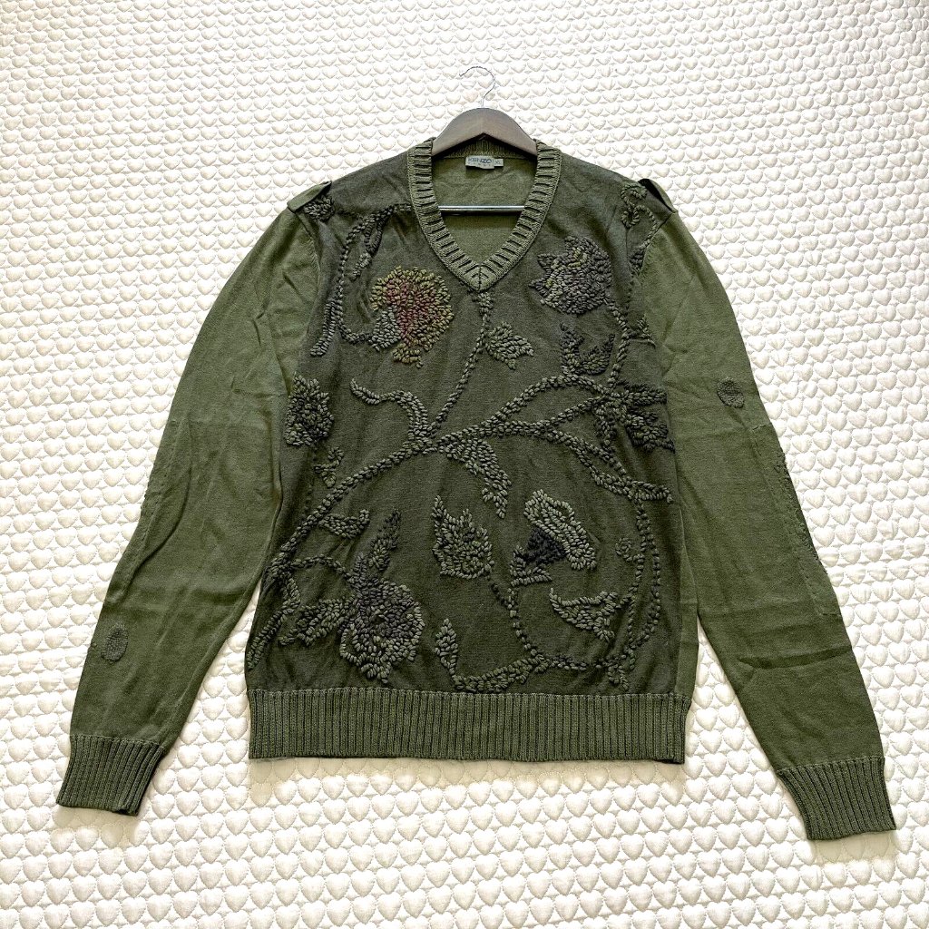 Nwot Kenzo Men's Embroidered Linen Blend Sweater Size Xl Green
